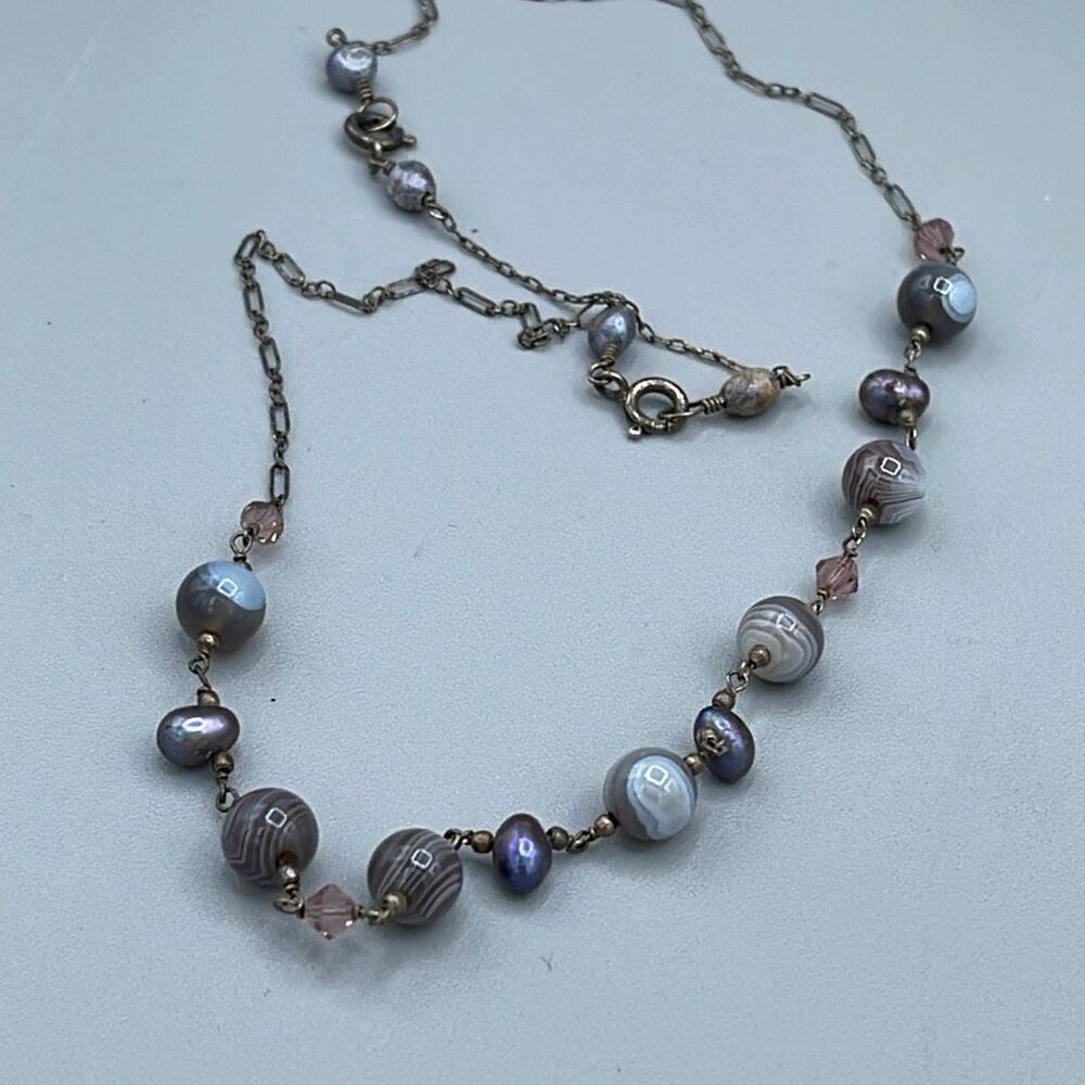 Sterling silver fresh water pearls ,agate & pink hand cut crystals necklace 18”.